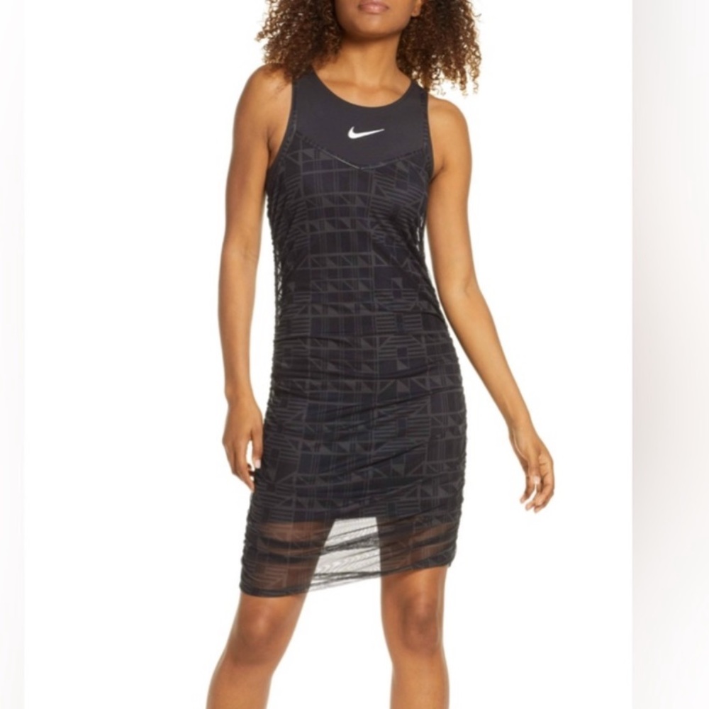Amazing Nike Indio Black 2 Layer Mesh Ruched Athletic Sports Dress Size Small